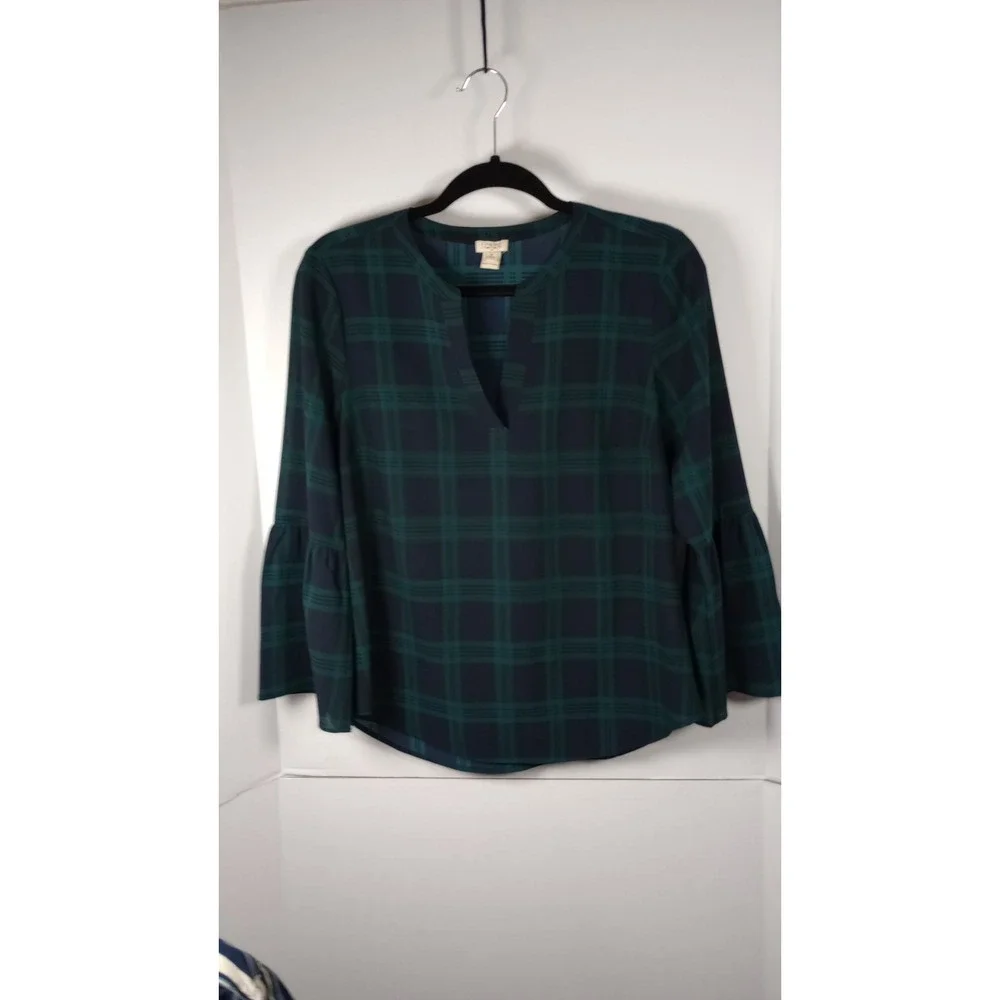 J Crew Green Navy Tartan Plaid Bell Sleeve Blouse Womens Medium Petite H1076